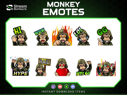 Soldier Monkey Emotes, Farmer Chimp Emojis,military Chimp Emote Pack, Gamer Ape Stickers,  Zoo Monkey Streamer, Twitch, Discord, Kick