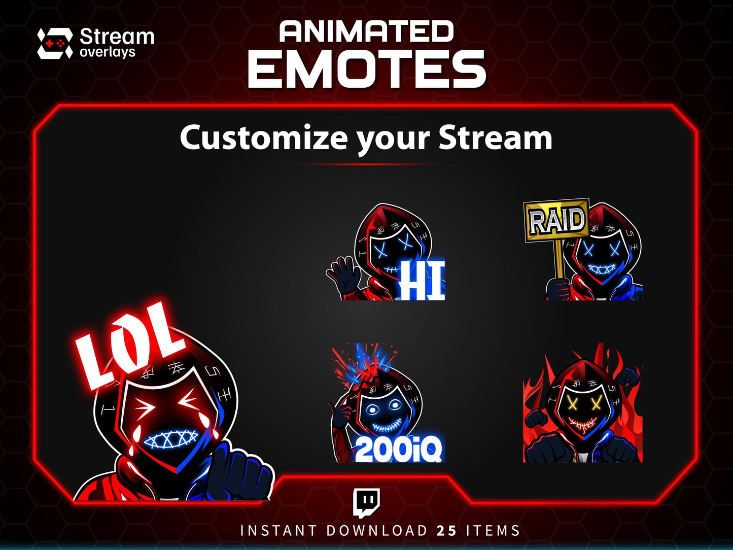 Animated Neon Mask Twitch Emotes: Cyberpunk Streamer Emojis, (25x PNG & GIF Downloadable Files )