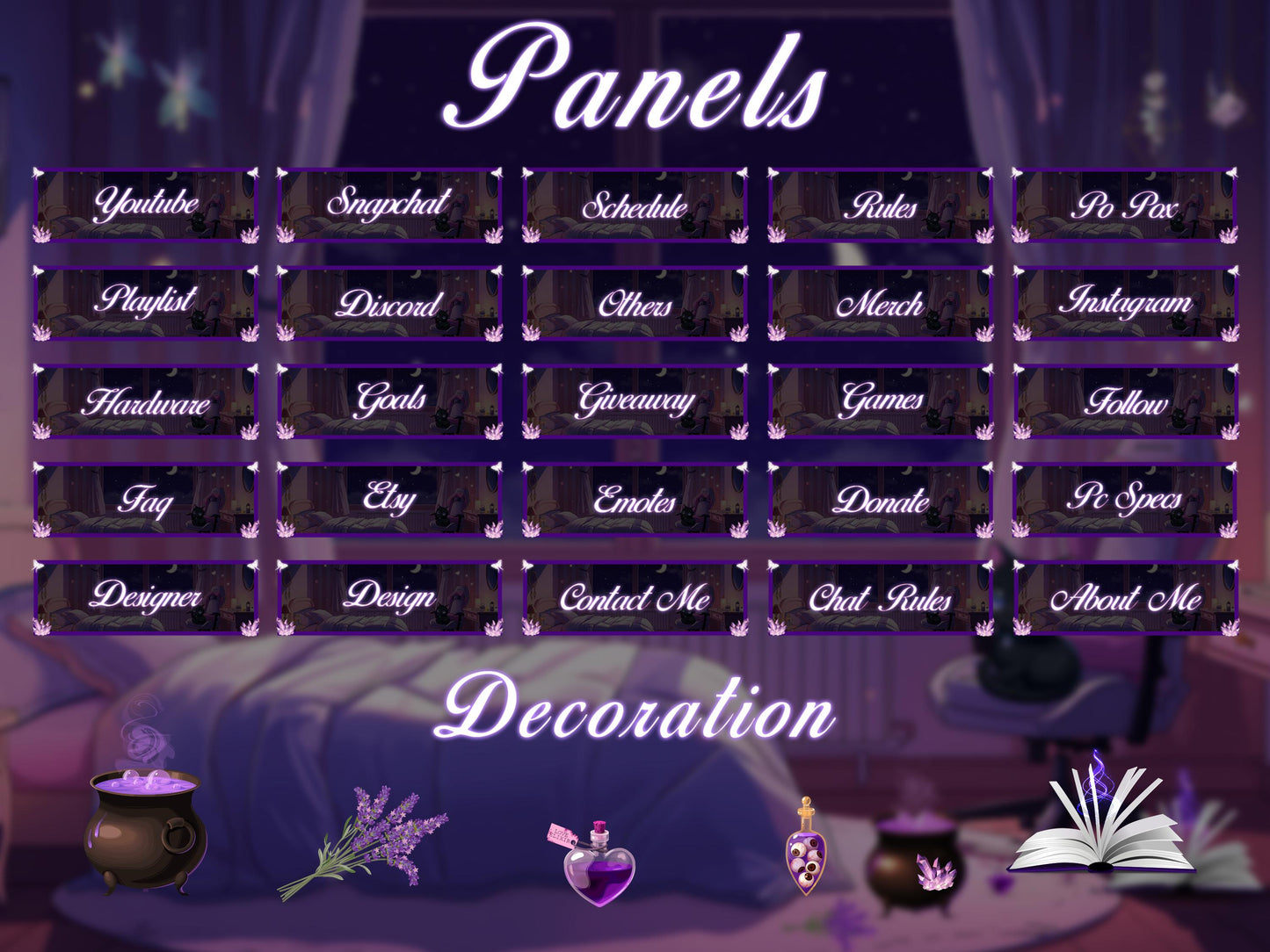 Fantasy Spooky Twitch Overlay Pack | Cozy Night Bedroom Stream Package | Mystical Night Stream Overlays, Magical Kawii Stream package Witch
