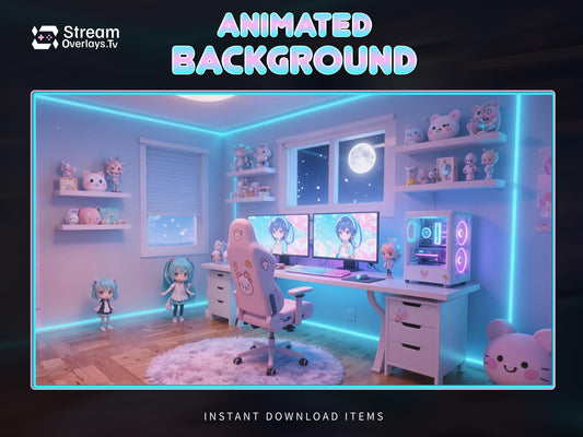 Kawaii Anime Gaming Room Animated Background Screen, Pastel Cute Setup Theme, Cozy Streaming Background, Starting Soon, BRB, Offline