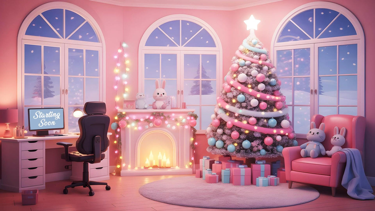 Christmas Pink Gaming Room Overlays Pack | Snowy Theme Xmas Tree Dream Bundle | Gift for Streamers | Winter Stream Decor Twitch | Gamer Desk