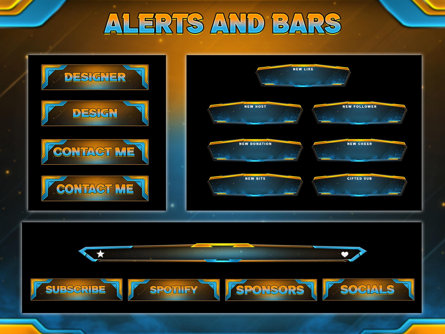 Animated Twitch Overlay Pack | Blue Gold Stream Overlays | Modern Gaming Screens, Starting Soon BRB Alerts, Streaming Panels, Stream Package