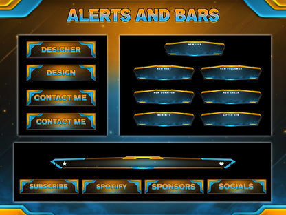 Animated Twitch Overlay Pack | Blue Gold Stream Overlays | Modern Gaming Screens, Starting Soon BRB Alerts, Streaming Panels, Stream Package