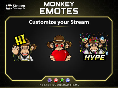 Cowboy Monkey Emotes, Farmer Chimp Emojis, Explorer Chimp Emote Pack, Gamer Ape Stickers,  Zoo Monkey Streamer, Twitch, Discord, Kick