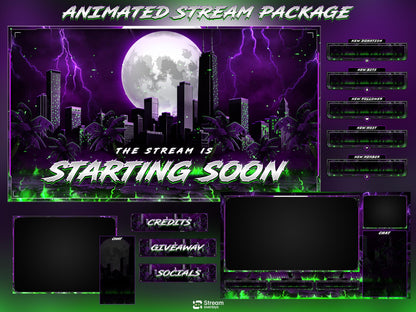 Neon Cyber City Twitch Overlay | Animated Purple Lightning Stream | Kick Screens | Streaming Scenes | Gaming Panels | Streaming Alerts | OBS