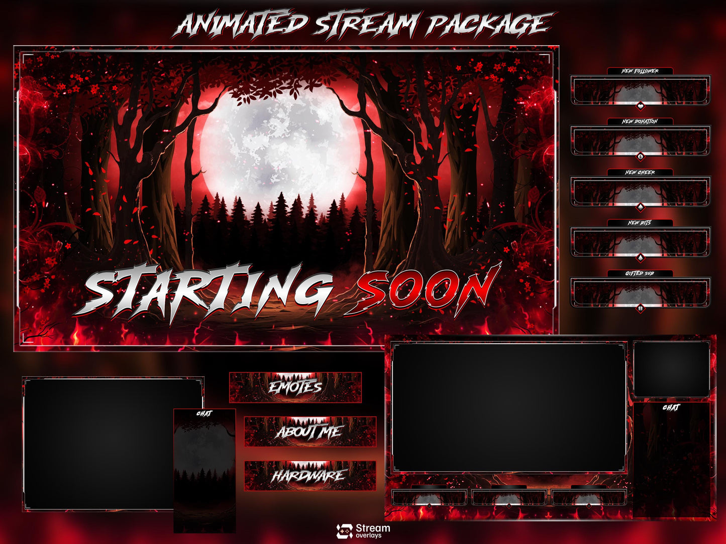 Moon Forest Animated Twitch Overlay | Blood Stream Pack | Dark Streams Screens | Streaming Scenes | Gaming Panels | Alerts | Horror Stream