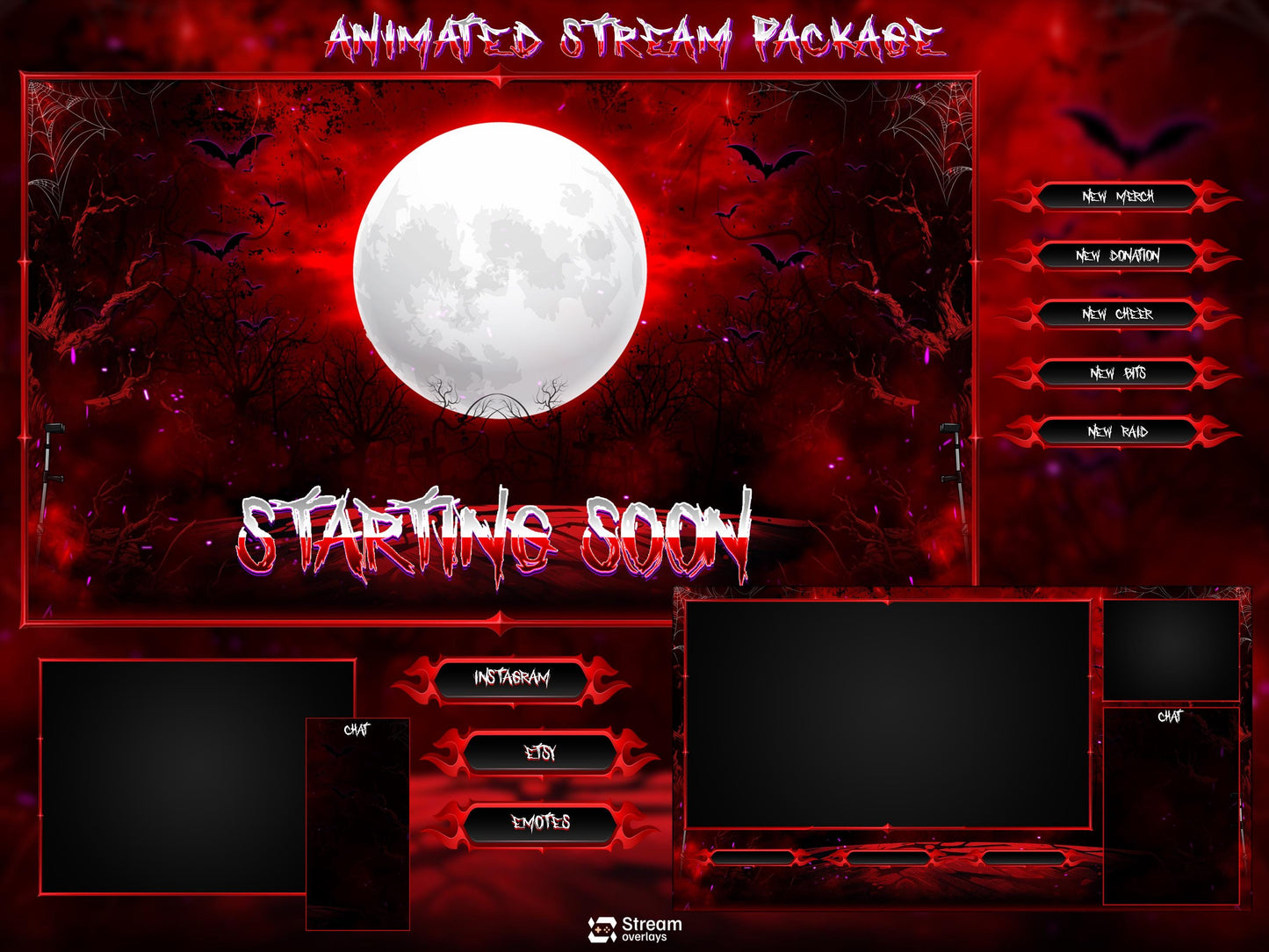 Dark Horror Twitch Overlay Pack | Moon Stream Package | Animated Screens| Red Streams | Gaming Alerts, Starting Soon, spooky Streams, Panels