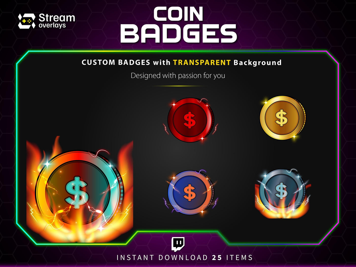 Coin Twitch Sub Badges, Dollar Currency Channel Points (Digital Download)