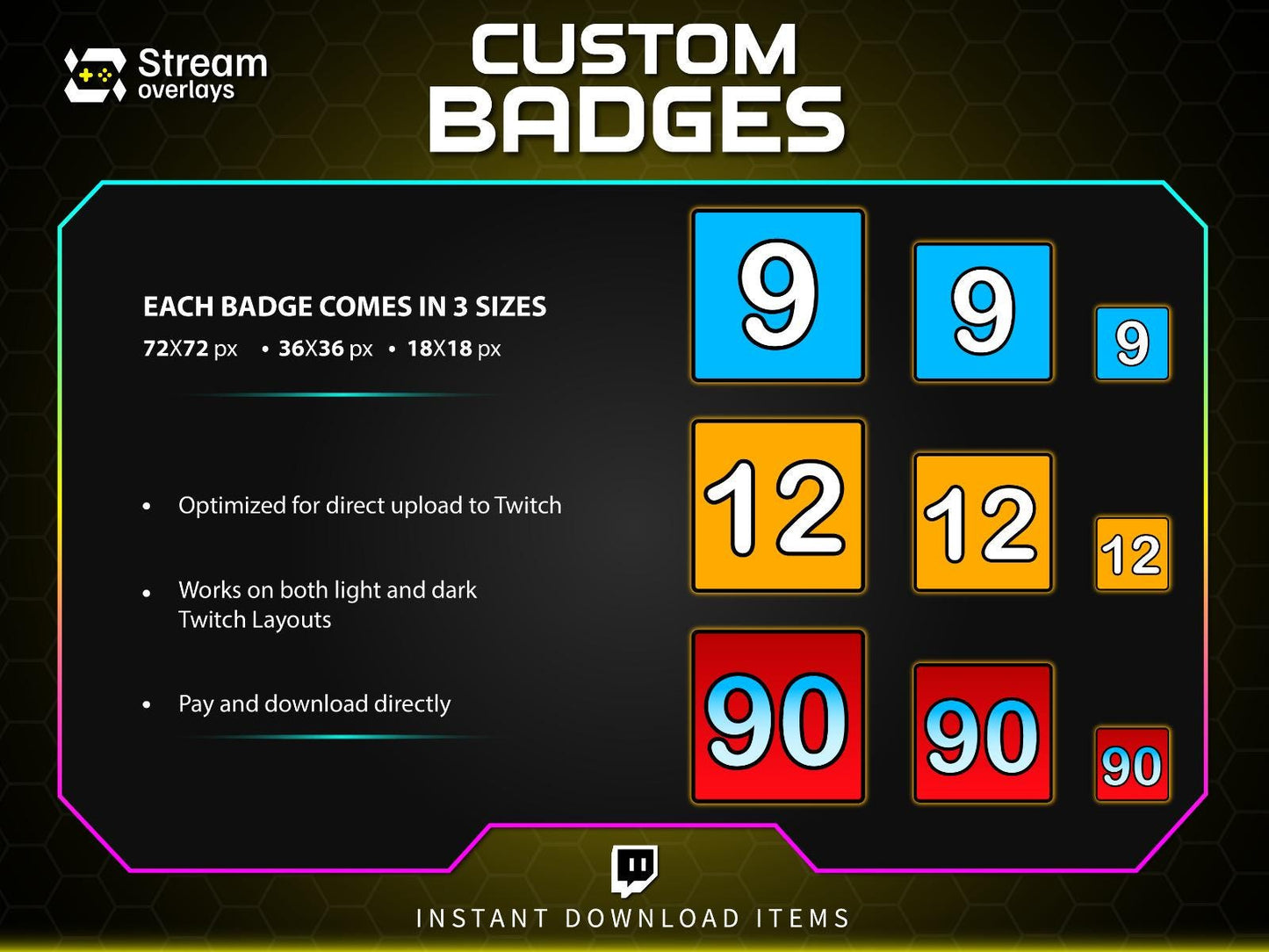 Twitch Subscriber Badges Set | Bright Numbered Sub Badges 1–96 | Colorful Square Sub Badge Pack | Streamer Loyalty Multi-Month Subscriptions