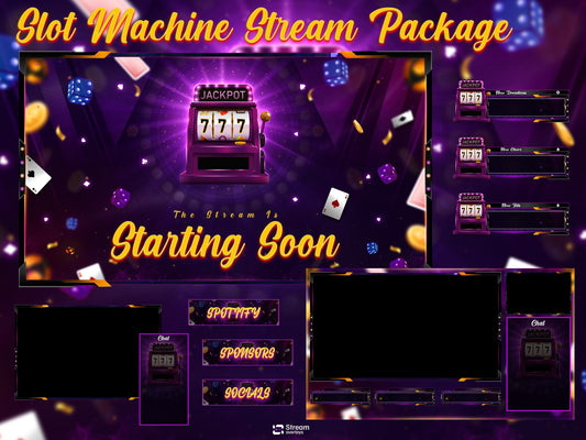 Slot Machine Stream Package | Casino Twitch Overlay Pack | Gambling Stream Overlays | Neon Jackpot Cards Screens & Alerts for Kick, Youtube