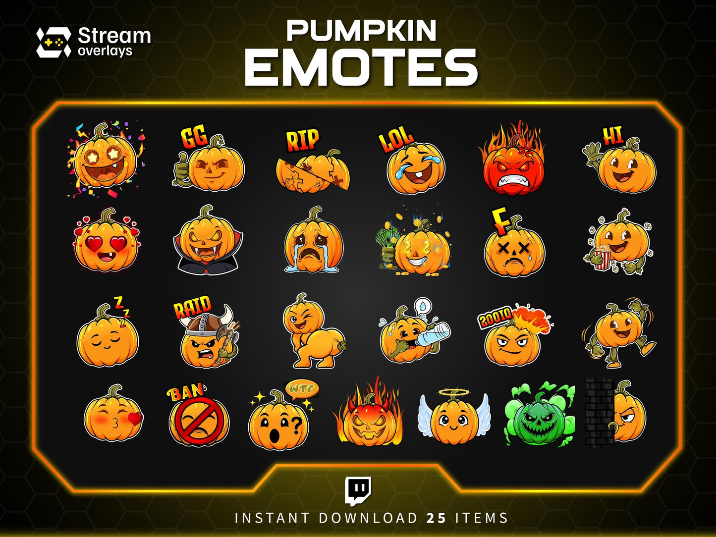 25 Pumpkin Stream Emotes, Spooky Fall Emojis (PNG Digital Download)