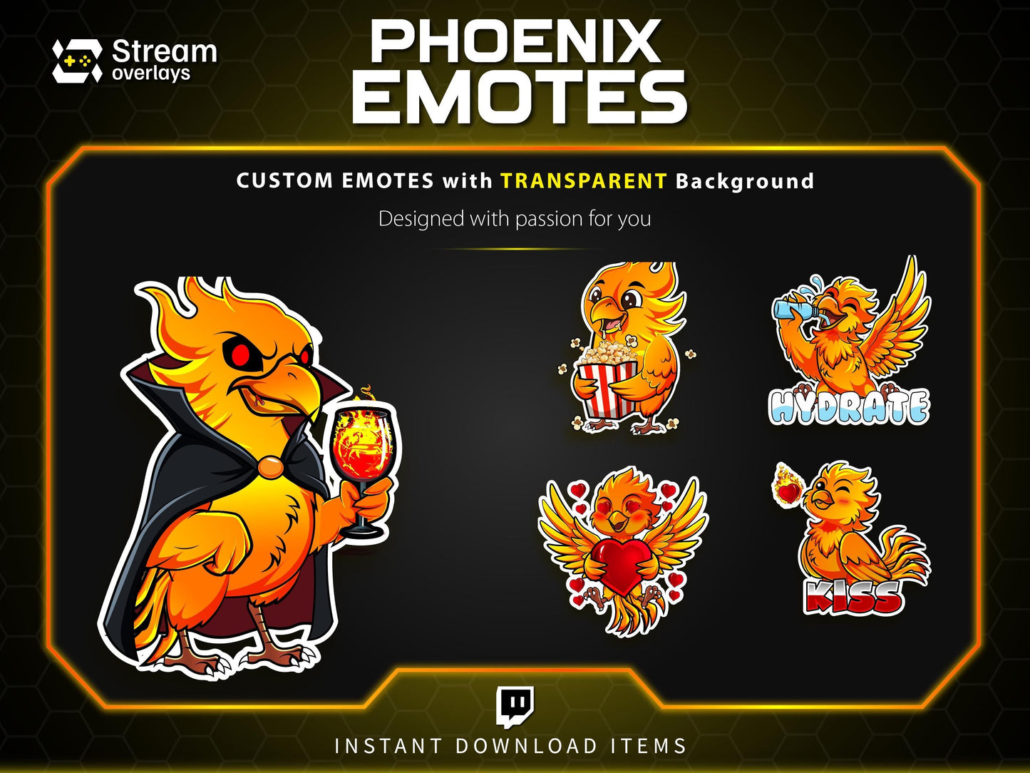 Majestic Phoenix Emotes & Stickers | Fiery Bird Orange Flame | Majestic Glory Phoenix Twitch Emotes for Streamers on Twitch and Discord