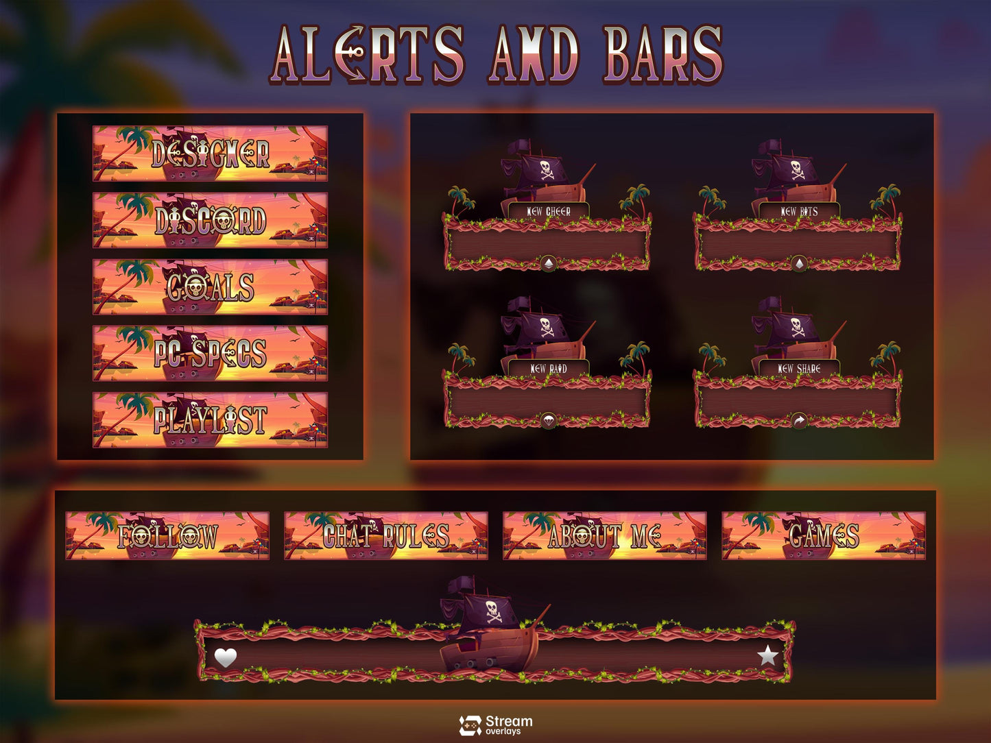 Pirate Twitch Overlay | Tropical Animated Stream Pack | Adventure Streams | Twitch Alerts | Starting Soon | Panels | Streaming Package, BRB