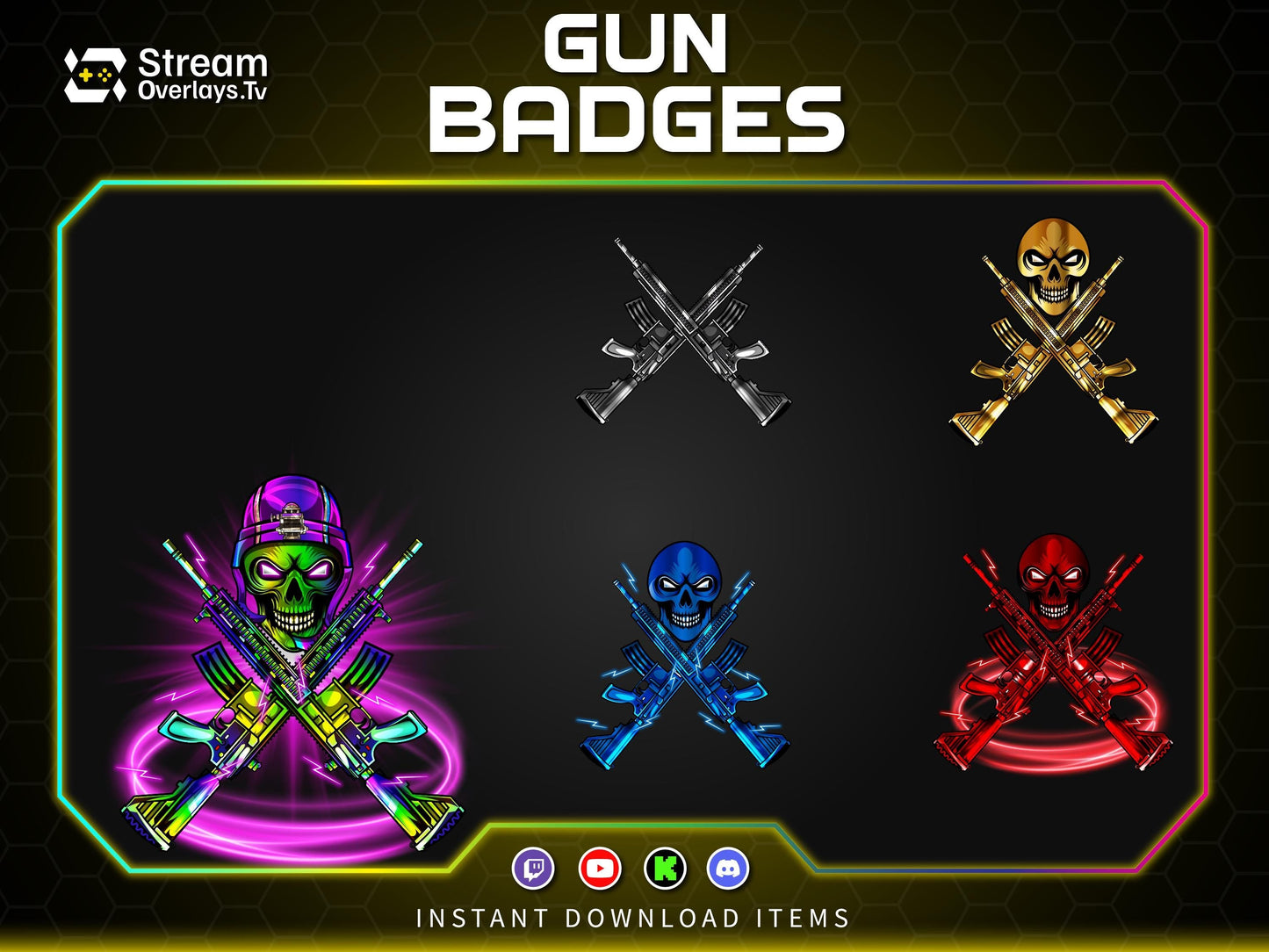 Gun Sub Badges for Twitch | Skull Rifle Gaming Badges | Gaming Gun Loyalty Badge,  Streamer Loyalty Subscriber for Twitch, Discord, YouTube