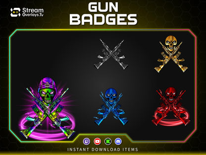 Gun Sub Badges for Twitch | Skull Rifle Gaming Badges | Gaming Gun Loyalty Badge,  Streamer Loyalty Subscriber for Twitch, Discord, YouTube