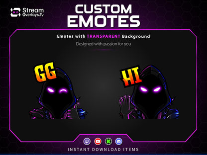 Purple Neon Hacker Twitch Emotes | Grim Reaper Emoji Pack for Streamers | Cute Reaper Twitch Emotes | Kawaii Grim Reaper Emote Pack