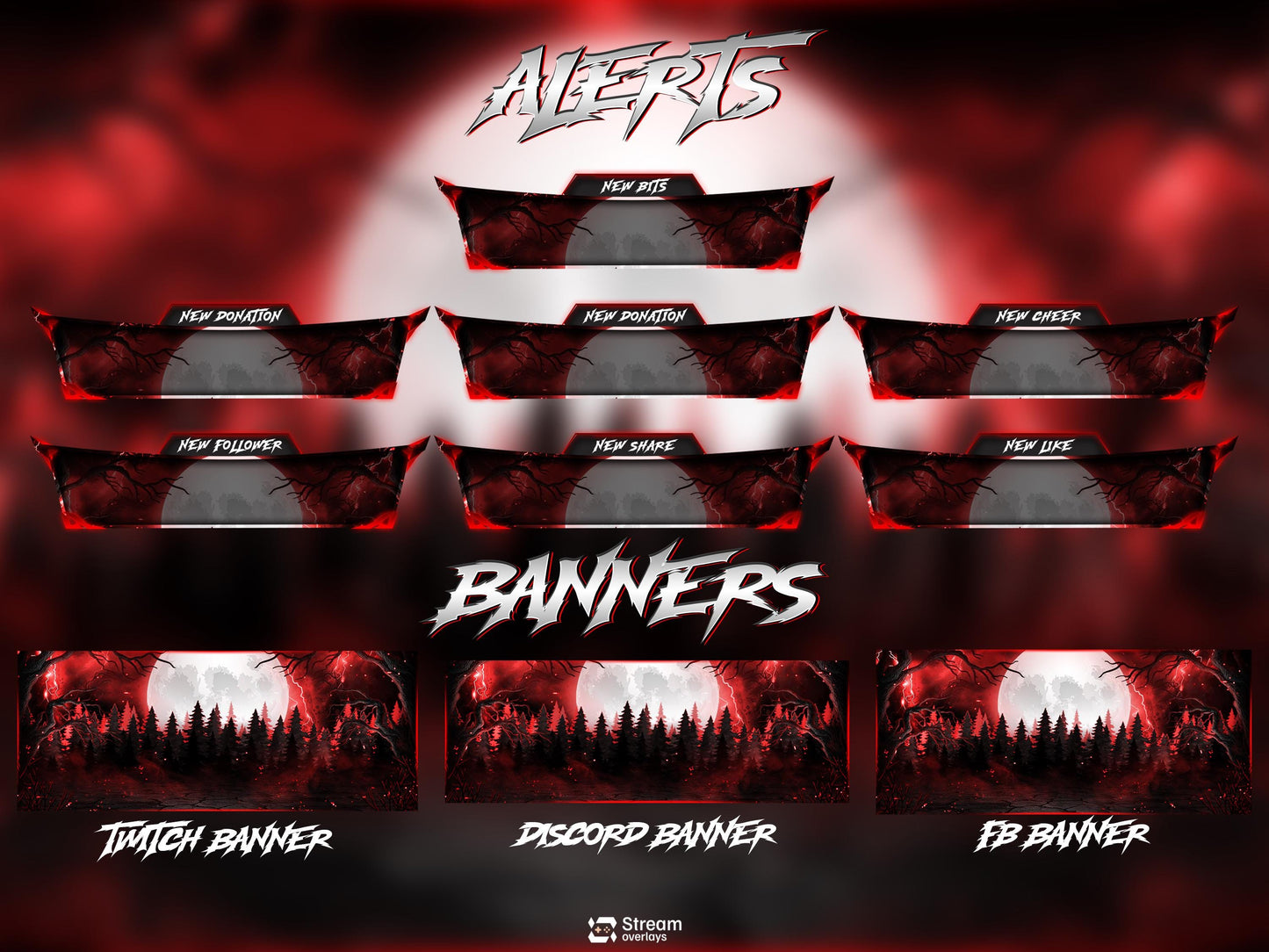 Blood Moon Stream Overlay, Spooky Forest Twitch Overlay, Dark Lightening Gaming Stream Wolf Moon Gothic Theme Alerts Panels OBS Kick YouTube