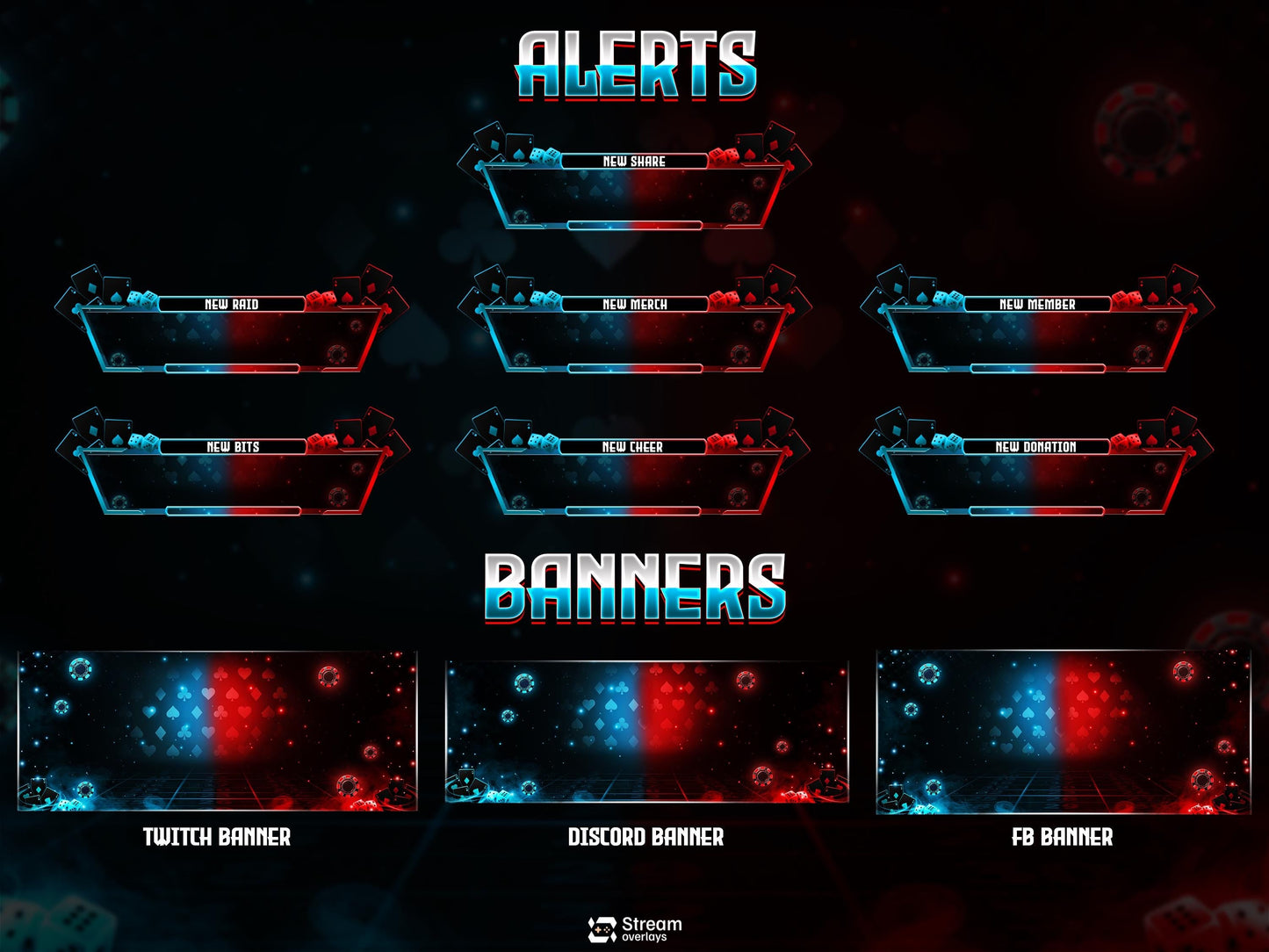 Poker Cards Stream Overlay Pack | Kick Stream | Card Game | Red Blue Neon Gambling Theme | Twitch Assets | Casino Overlay Dice Gaming