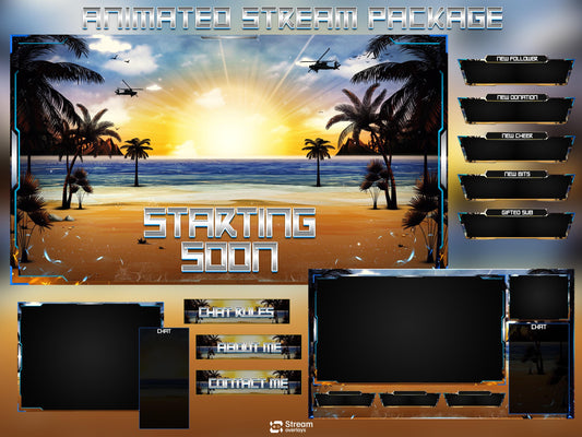 Tropical Beach Twitch Overlay | Summer Island Stream | Animated Gaming Pack | Sunset Streams | Streaming Scenes | Gaming Panels | Screens