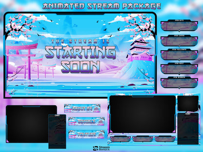 Japanese Kawaii Twitch Overlay | Sakura Cherry Blossom Stream Overlays | Cozy Mountain Lake OBS Bundle | Pastel Sky Screens, Panels, Webcam