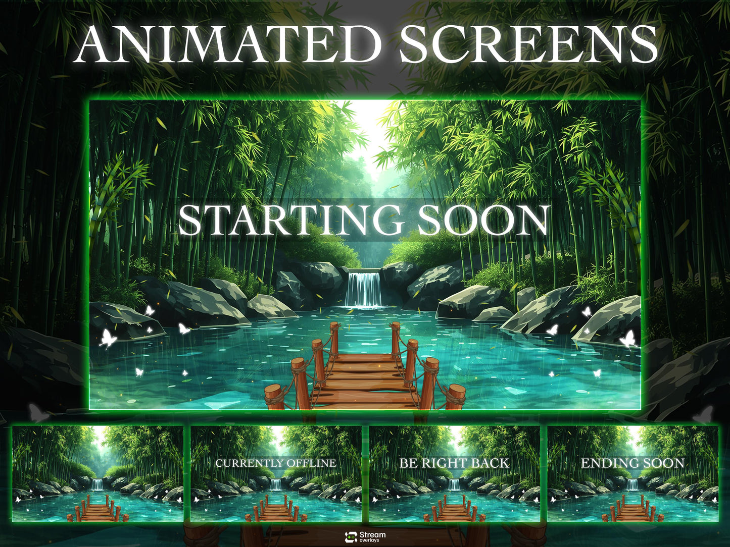 Bamboo Streaming Pack | Animated Twitch Overlay | Nature Stream Package | Forest Waterfall Screens | Alerts | Panels | Gaming Overlays | OBS