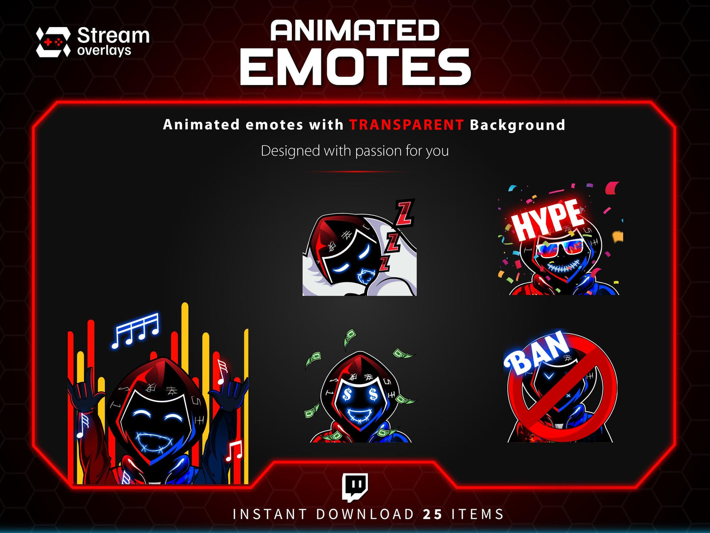 Animated Neon Mask Twitch Emotes: Cyberpunk Streamer Emojis, (25x PNG & GIF Downloadable Files )