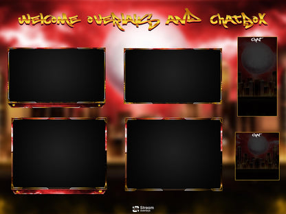 Animated Cyberpunk City Twitch Overlay Pack, Cyber Skyline Stream Overlays, Urban Night Blood Moon Storm Stream, Red Gold Streaming Bundle