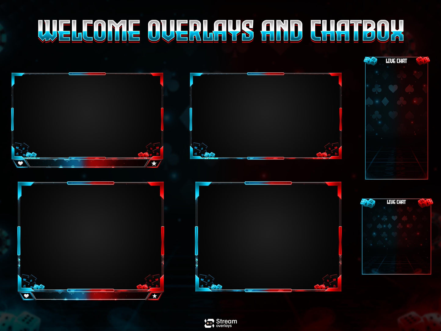 Poker Cards Stream Overlay Pack | Kick Stream | Card Game | Red Blue Neon Gambling Theme | Twitch Assets | Casino Overlay Dice Gaming