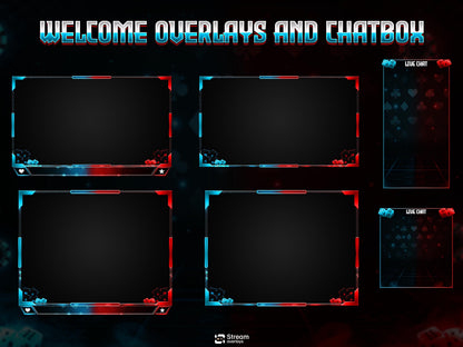 Poker Cards Stream Overlay Pack | Kick Stream | Card Game | Red Blue Neon Gambling Theme | Twitch Assets | Casino Overlay Dice Gaming