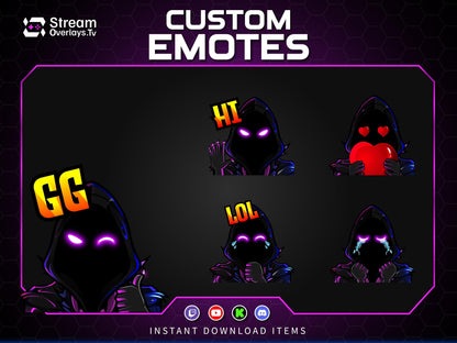 Purple Neon Hacker Twitch Emotes | Grim Reaper Emoji Pack for Streamers | Cute Reaper Twitch Emotes | Kawaii Grim Reaper Emote Pack