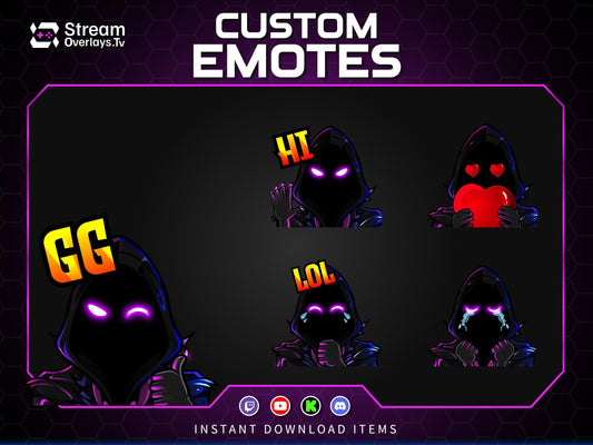 Purple Neon Hacker Twitch Emotes | Grim Reaper Emoji Pack for Streamers | Cute Reaper Twitch Emotes | Kawaii Grim Reaper Emote Pack