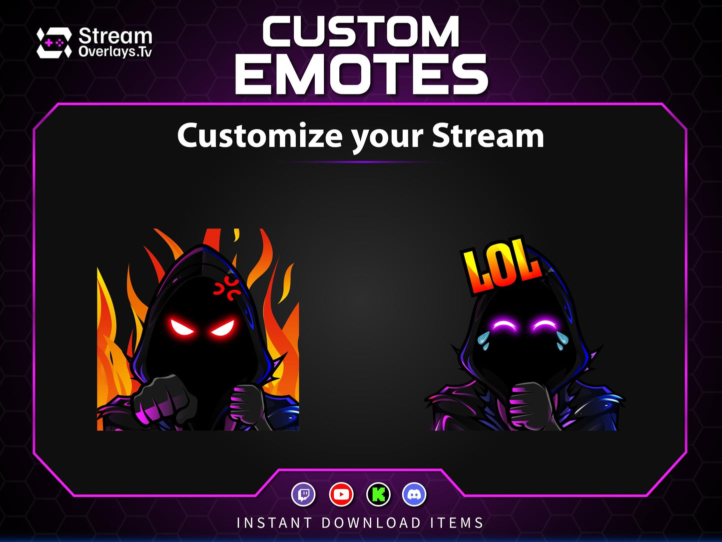 Purple Neon Hacker Twitch Emotes | Grim Reaper Emoji Pack for Streamers | Cute Reaper Twitch Emotes | Kawaii Grim Reaper Emote Pack