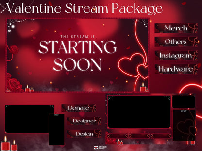Love Stream Package | Valentine Twitch Overlay Pack | Romantic Red Heart Stream Screens | Animated Rose Petals Candle Stream | Alerts, BRB