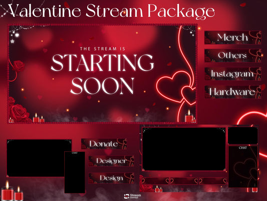 Love Stream Package | Valentine Twitch Overlay Pack | Romantic Red Heart Stream Screens | Animated Rose Petals Candle Stream | Alerts, BRB