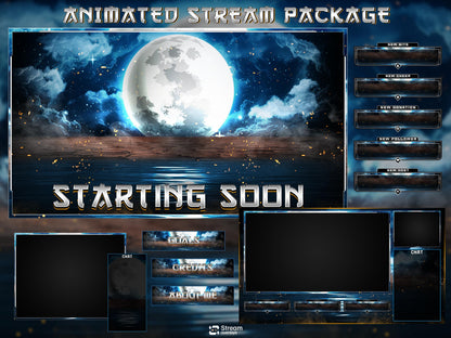 Blue Moon Stream Overlay Package | Midnight Lunar Twitch Overlay | OBS Overlay, Dark Blue Starting Soon, Twitch Panels, Stream Layout Assets
