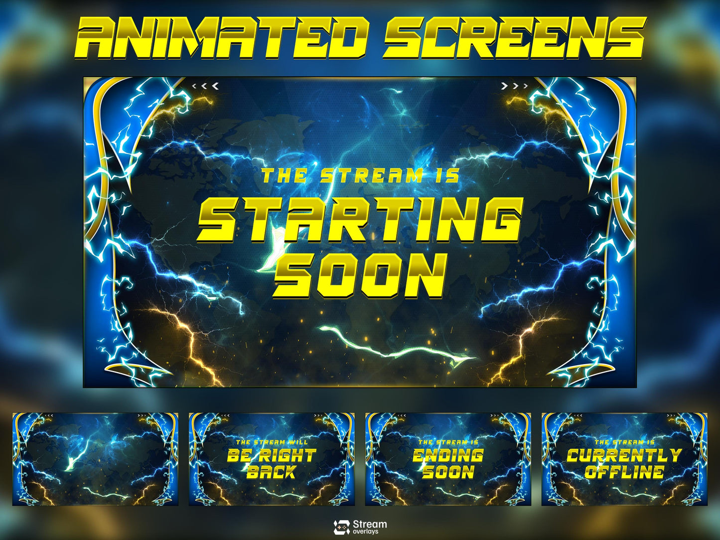 Energy Twitch Overlay | Lightning Streaming Pack | Electric Animated Scenes, Blue Yellow Power Streams, Twitch Alerts, Starting Soon, Panels