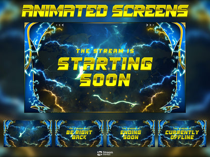 Energy Twitch Overlay | Lightning Streaming Pack | Electric Animated Scenes, Blue Yellow Power Streams, Twitch Alerts, Starting Soon, Panels