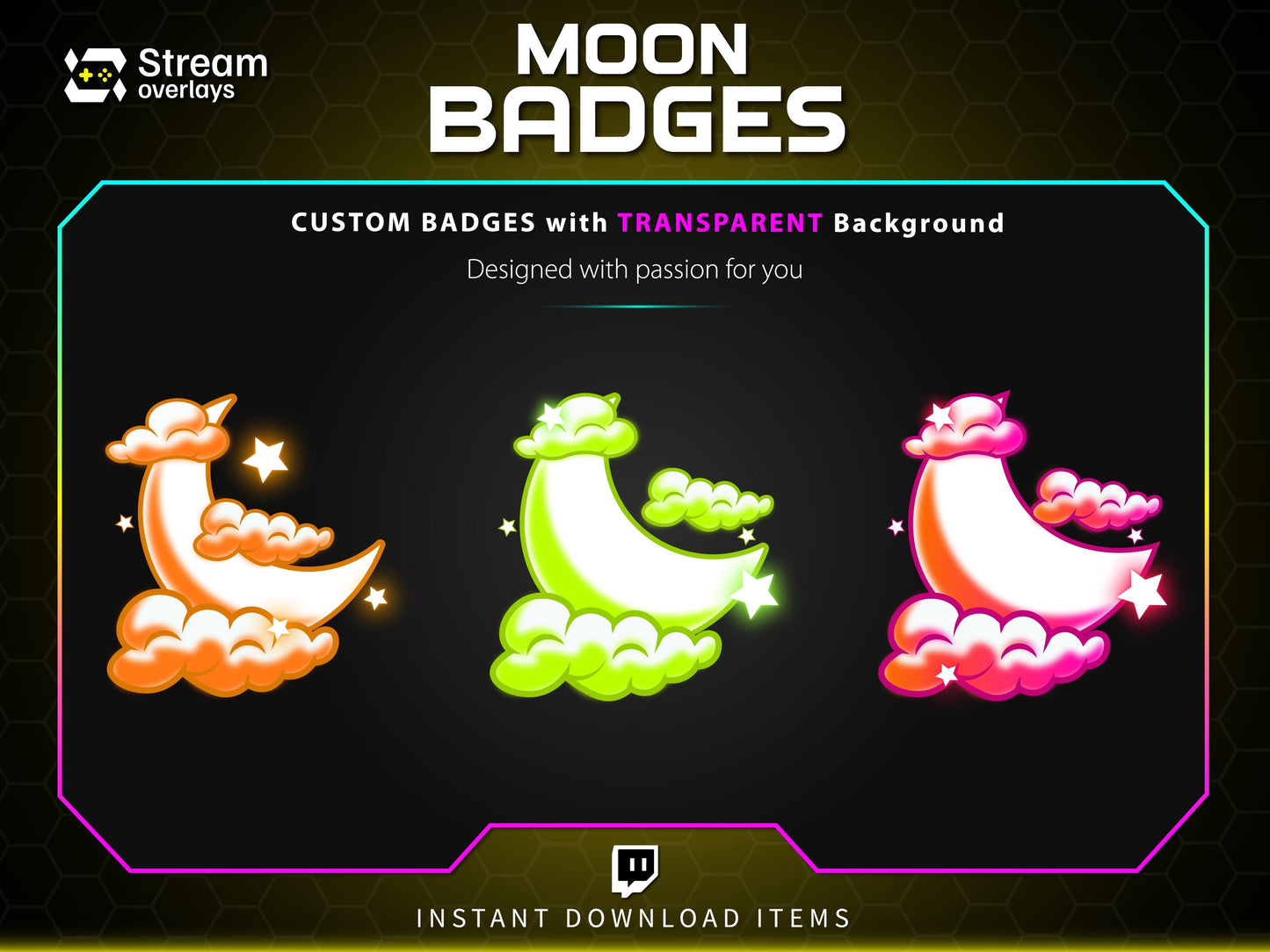 Moon Twitch Sub Badges, Kawaii Celestial Cloud Stream Badges (Digital Download)