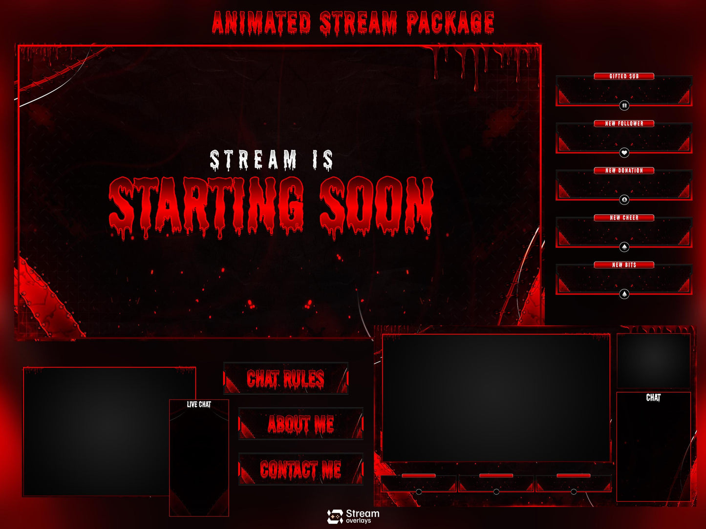 Horror Twitch Overlay | Animated Pack | Dark Gaming Stream | Red Blood Gaming Streams | Streaming screens | OBS, Streamlabs & Kick Screens