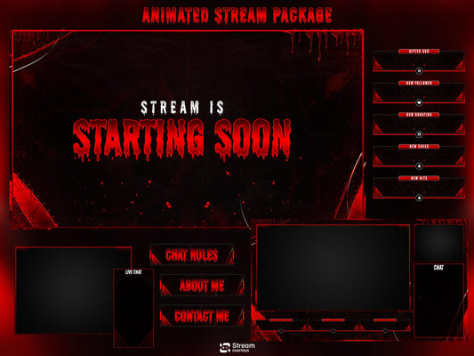 Horror Twitch Overlay | Animated Pack | Dark Gaming Stream | Red Blood Gaming Streams | Streaming screens | OBS, Streamlabs & Kick Screens