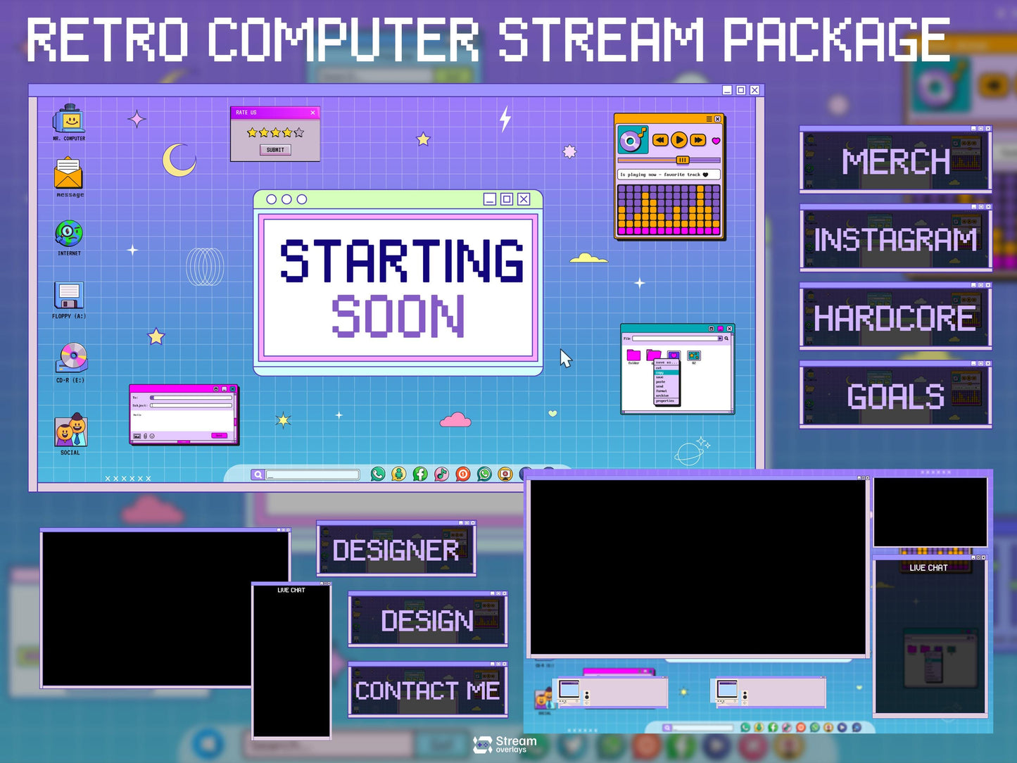 Retro Stream Pack | Computer Twitch Overlay | Windows 95 Gaming Overlay | Vaporwave Panels | Workstatio Bundle | vintage Alerts, Panels, OBS