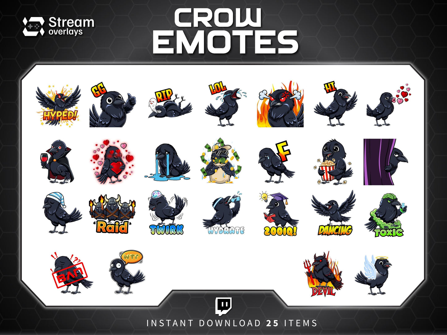 25 Raven Crow Twitch Emotes | Gothic Spooky Emojis (Digital Download)