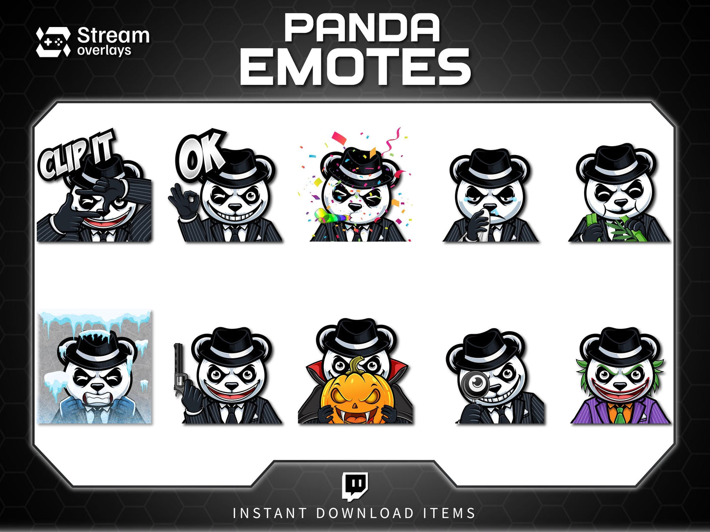 Mafia Panda Twitch Emotes | 10 Gangster Panda Discord Emotes | Pinstripe Suit Stream Package, Chibi Panda Twitch Graphics | Instant Download
