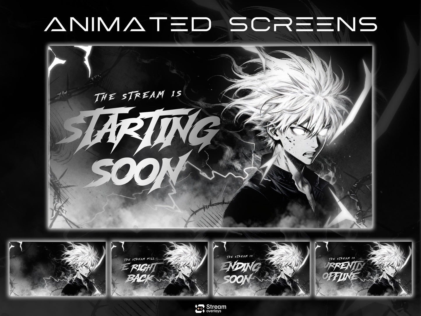 Anime Twitch Overlay Pack | Dark Monochrome Stream Screens | Lightning Anime Theme | Starting Soon BRB Ending & Alerts