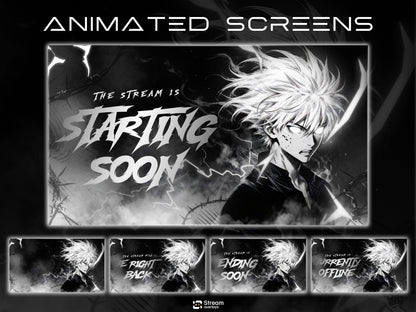 Anime Twitch Overlay Pack | Dark Monochrome Stream Screens | Lightning Anime Theme | Starting Soon BRB Ending & Alerts