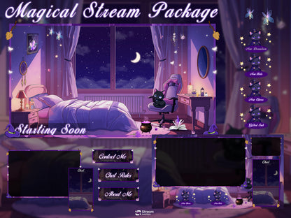 Fantasy Spooky Twitch Overlay Pack | Cozy Night Bedroom Stream Package | Mystical Night Stream Overlays, Magical Kawii Stream package Witch