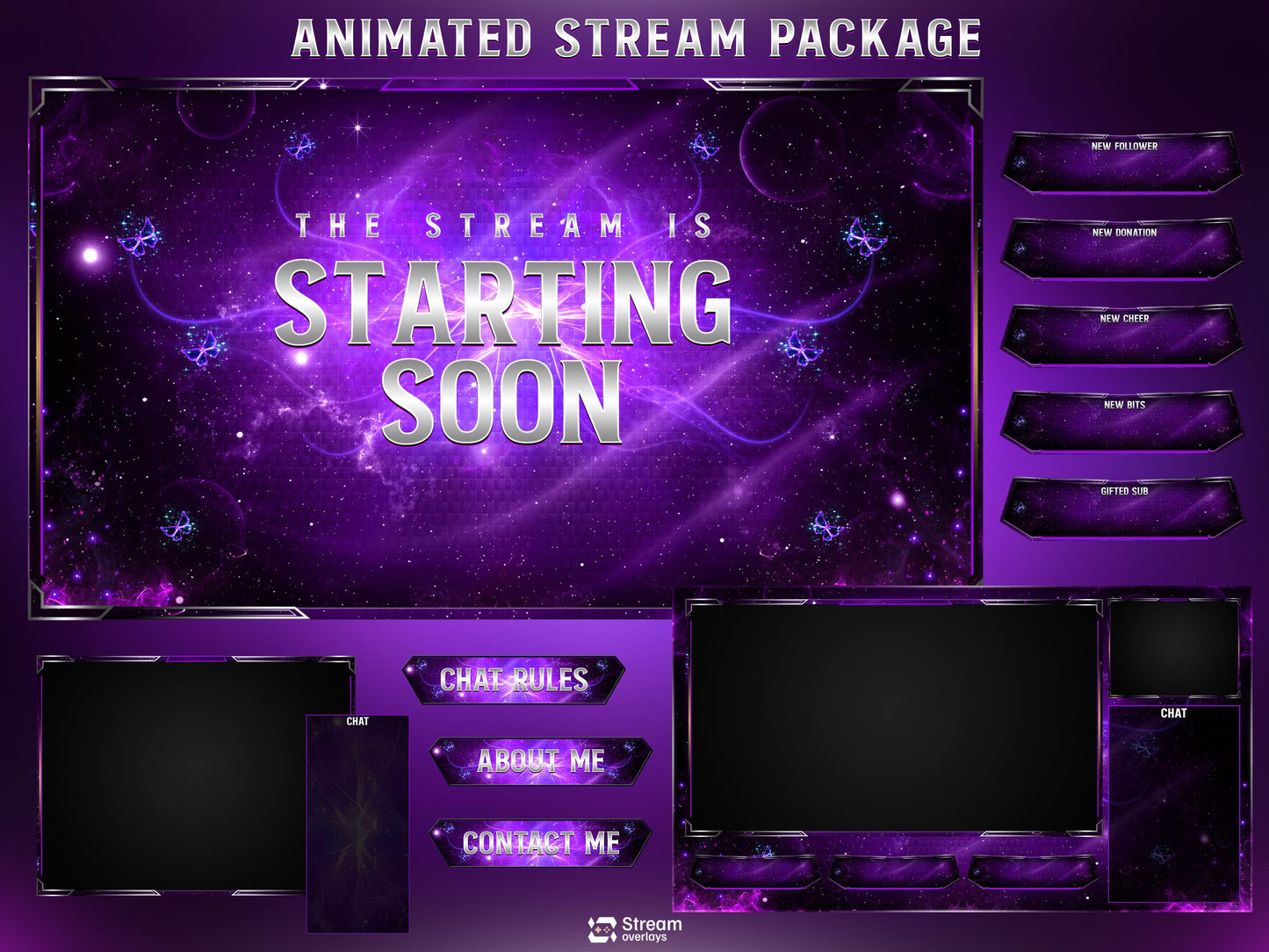 Animated Space Stream | Galaxy Streaming Package | Mystical Night Twitch Overlays | Cosmic Streams Scenes | Animated Alerts | Purple Nebula