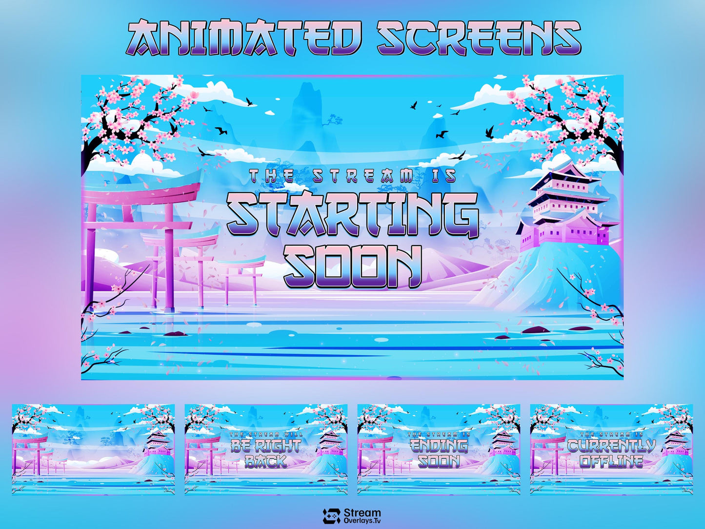 Japanese Kawaii Twitch Overlay | Sakura Cherry Blossom Stream Overlays | Cozy Mountain Lake OBS Bundle | Pastel Sky Screens, Panels, Webcam