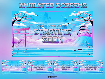 Japanese Kawaii Twitch Overlay | Sakura Cherry Blossom Stream Overlays | Cozy Mountain Lake OBS Bundle | Pastel Sky Screens, Panels, Webcam