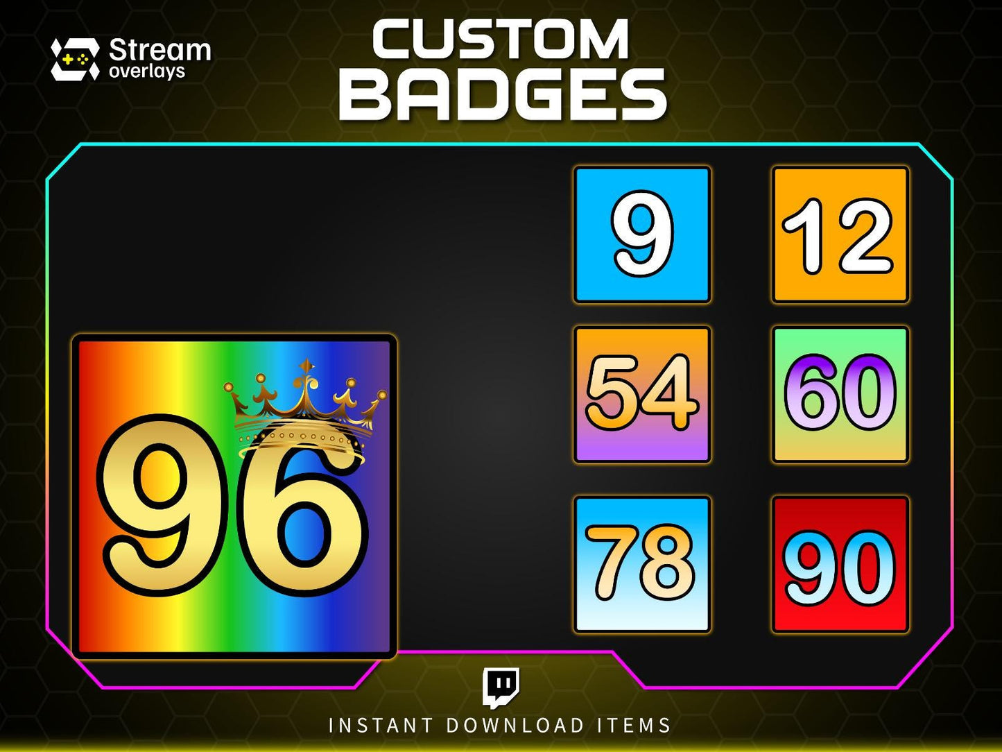 Twitch Subscriber Badges Set | Bright Numbered Sub Badges 1–96 | Colorful Square Sub Badge Pack | Streamer Loyalty Multi-Month Subscriptions